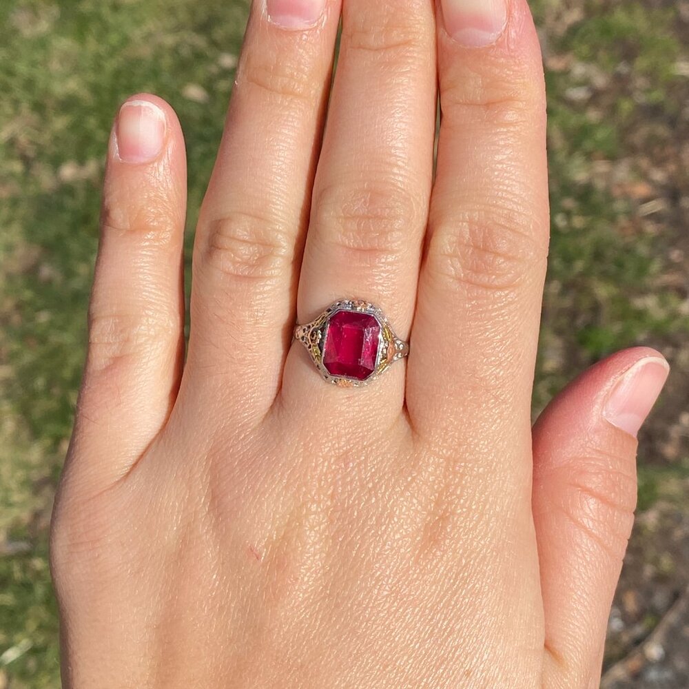 Art Deco Era Lab Ruby Ring In Tri Color Filigree … - image 7